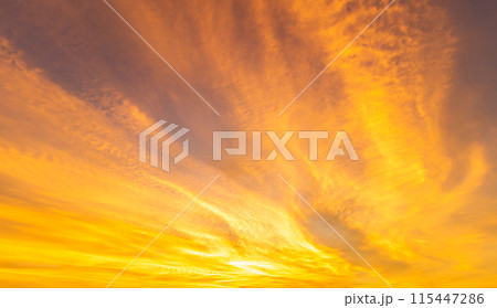 Twilight blue bright and orange yellow dramatic sunset sky in countryside or beach colorful cloudscape texture with white clouds air background. 115447286