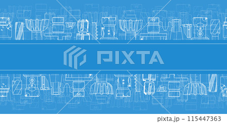 Mechanical engineering drawings on blue background. Tap tools, borer. Technical Design. Cover. Blueprint. Seamless pattern. Vector illustration. Mechanical engineering drawings on blue background. Tap tools, borer. Technical Design. Cover. Blueprint. Seamless pattern. Vector illustration. 115447363