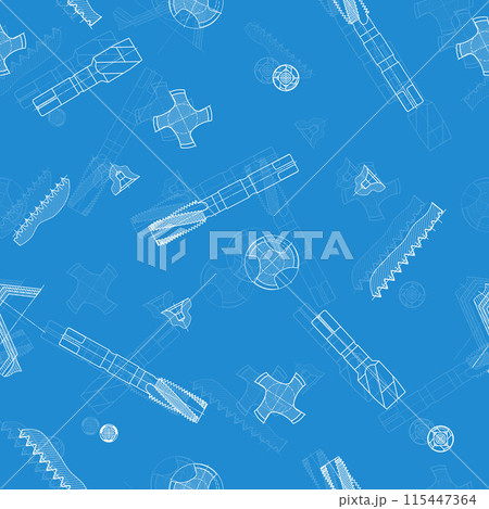 Mechanical engineering drawings on blue background. Tap tools, borer. Technical Design. Cover. Blueprint. Seamless pattern. Vector illustration. Mechanical engineering drawings on blue background. Tap tools, borer. Technical Design. Cover. Blueprint. Seamless pattern. Vector illustration. 115447364