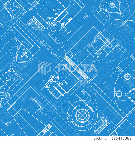 Mechanical engineering drawings on blue background. Tap tools, borer. Technical Design. Cover. Blueprint. Seamless pattern. Vector illustration. 115447365