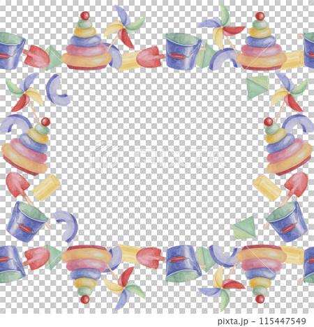 Toys square frame blank template, Pinwheel, stacking rings, bucket, shovel, blocks. Watercolor play objects for birthday, gender reveal, baptism, birth announcement card, playdate invitation 115447549