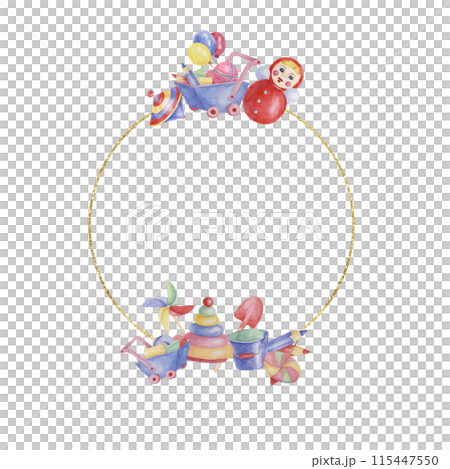 Toys round frame template, doll with pinwheel, humming top, balloons, blue cart and pencils. Watercolor play objects for birthday, gender reveal, baptism, birth announcement cards, playdate invitation 115447550
