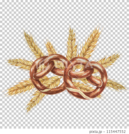 Pretzels with backdrop of golden wheat ears. Watercolor illustration for culinary, bakery, Oktoberfest designs in realistic style. Cereal grain and backed snack clipart for flyers, posters, brewery Pretzels with backdrop of golden wheat ears. Watercolor illustration for culinary, bakery, Oktoberfest designs in realistic style. Cereal grain and backed snack clipart for flyers, posters, brewery 115447552