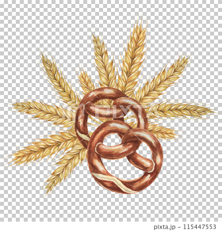 Pretzels with backdrop of golden wheat ears. Watercolor illustration for culinary, bakery, Oktoberfest designs in realistic style. Cereal grain and backed snack clipart for flyers, posters, brewery 115447553