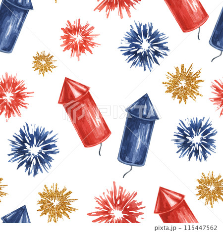 Fourth of July seamless pattern. Red, Blue firecrackers and fireworks bursts. Independence day holiday background. Hand drawn watercolor 4th of July clipart for wrapping paper, gifts, textile, napkins 115447562