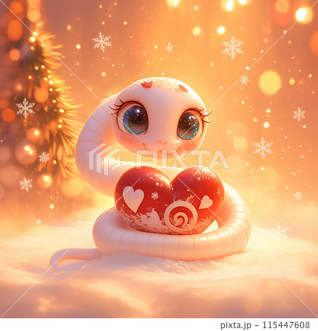 2025 cartoonish snake holding a heart in its mouth. The image has a playful and whimsical mood 3D 115447608