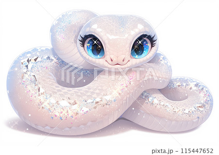 2025 A cartoon snake with a crown of crystals on its head. The snake is sitting on a white background 115447652