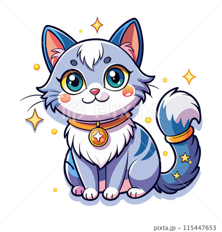A cartoon cat with a gold collar sits on a white background. The cat has a smile on its face and is surrounded by stars 115447653