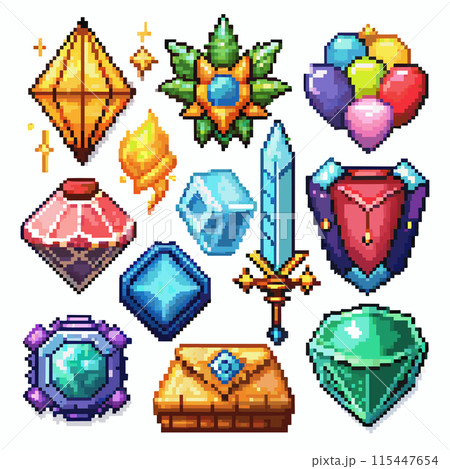 A collection of pixelated objects, including a heart, a key, a sword, and a shield 115447654