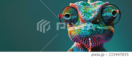 Vibrant Chameleon in Glasses: Colorful Documentary Editorial Photography in a Playful Cinematic Style 115447655