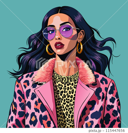 A woman wearing a leopard print jacket and sunglasses stands in front of a green background. The image has a vibrant and colorful feel to it, with the woman's outfit 115447656