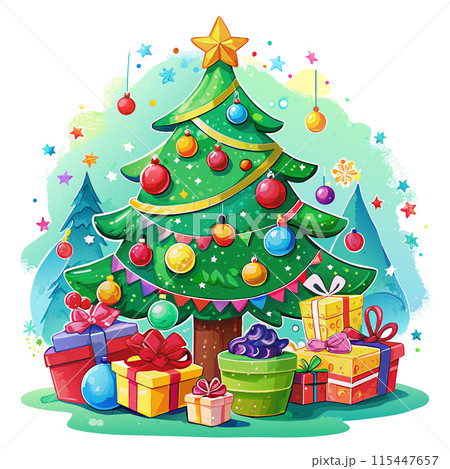 A Christmas tree with many ornaments and gifts underneath it. The tree is decorated with a star on top and a candy cane on the bottom. Scene is festive and joyful, as it represents the holiday season 115447657