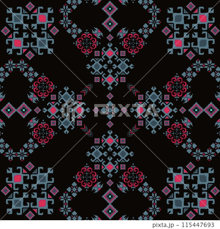 the unique blend of American Ethnic fabric patterns featuring pink and blue tones floral elements in a geotactic style. These designs, ethnic different, ethnic of elegance and distinctiveness to any  115447693
