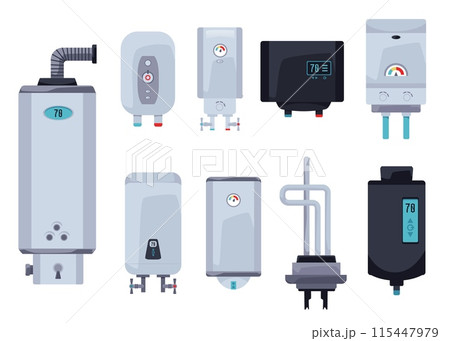 Gas boiler and electronic water heater vector set, house electric heating cold aqua equipment with temperature display 115447979