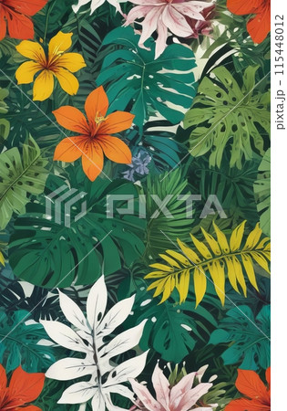 Background of vibrant lush tropical leaves and flowers of hibiscus 115448012
