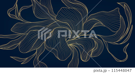 Vector gold leaf pattern, luxury flower background, line nature art deco design. Elegant foliage illustration, garden graphic, linear drawing. 115448047
