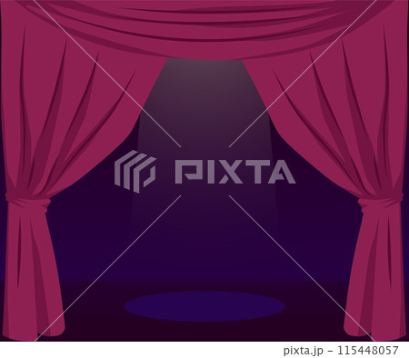 Theater stage with open red curtains. 115448057