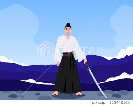 Samurai with a katana stands on a stone beach, on the seashore. Samurai with a katana stands on a stone beach, on the seashore. 115448100