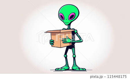 A cute cartoon alien stands isolated on a white background, holding a cardboard box in his hands 115448175