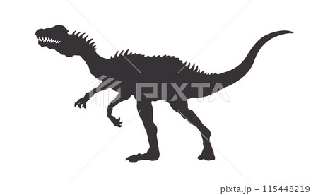 Isolated silhouette of a dinosaur. Black drawing of a dilophosaurus raptor. Wild animal sign of the Jurassic period. Printed image of an ancient reptile. Prehistoric monster icon 115448219