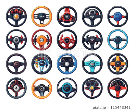 Flat Sports Car Steering Wheels Icon Set. Various Types of Steering Wheels. Simple Vector Illustrations on White Background. Automotive Design, Racing, Vehicle Controls, Driving, Modern Automobiles 115448341