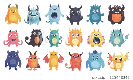 Flat set of tiny cute monsters. Simple vector on white background. Adorable cartoon creatures icons collection. Childish character design. Cartoonish monsters illustration 115448342