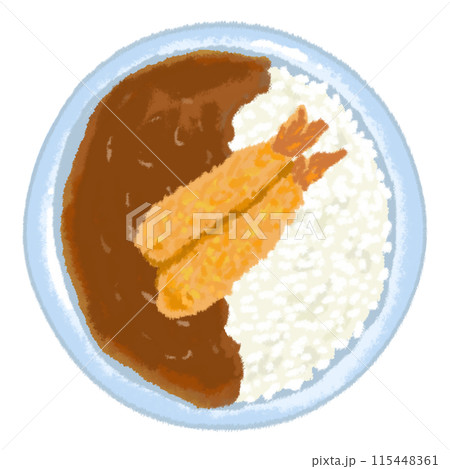 水色の皿にのった美味しそうな海老フライカレー 115448361