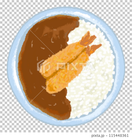 水色の皿にのった美味しそうな海老フライカレー 115448361