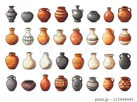 Cartoon Earthenware Pottery Ceramic Vessel Icons. Clay Jug, Bowl, and Pot Illustrations in Simple style, vector icons on white background 115448445