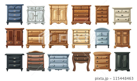 Cartoon Antique Cabinets Nightstands Icons Set. Various Styles. Simple Flat Design on White Background. Vintage Furniture, Retro, Drawer, Wood, Bedroom Decor, Cartoon Furniture Illustrations 115448463
