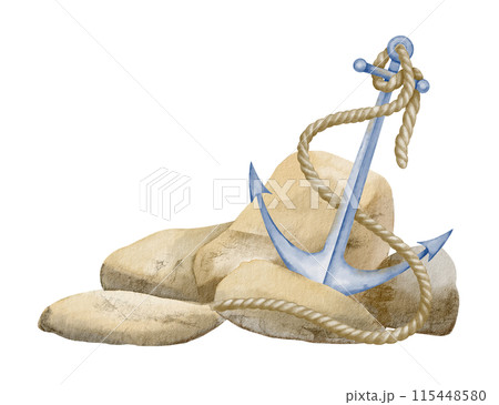 Watercolor Anchor with Rope and Rocks. Illustration of pebbles in pastel beige and blue colors for Nautical style. Marine element on isolated background. Drawing for print design or icon 115448580
