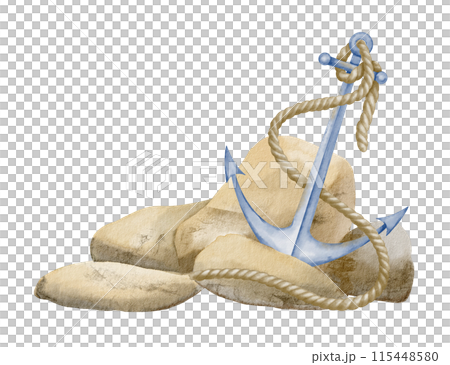 Watercolor Anchor with Rope and Rocks. Illustration of pebbles in pastel beige and blue colors for Nautical style. Marine element on isolated background. Drawing for print design or icon 115448580