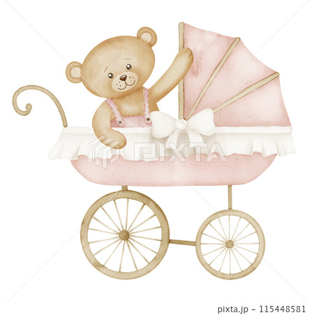 Watercolor Baby Pram with Teddy bear in vintage style. Retro kid Stroller in cute pastel pink and beige colors. Carriage for children. Illustration of perambulator with toy for newborn party. 115448581