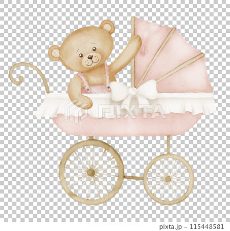 Watercolor Baby Pram with Teddy bear in vintage style. Retro kid Stroller in cute pastel pink and beige colors. Carriage for children. Illustration of perambulator with toy for newborn party. 115448581