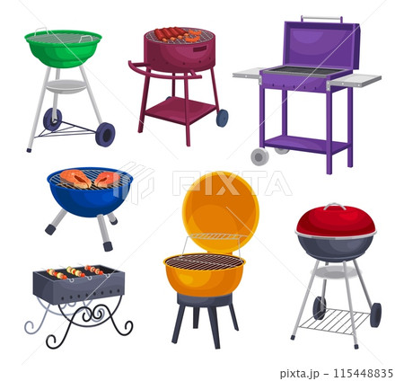 Barbecue grills equipment. Bbq brazier portable grilling for cook meat on burning coal smoke, outside grills outdoor garden picnic 115448835