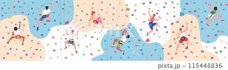 Bouldering gym. People climbers grip rock cliff wall indoor climbing park, climber training exercise extreme sport hobby leadership 115448836