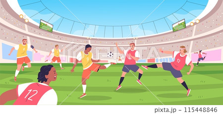 Soccer players in stadium. Football player team attack or defense game on field, dynamic gaming sport match world cup contest, footballer kick goal ball classy vector illustration Soccer players in stadium. Football player team attack or defense game on field, dynamic gaming sport match world cup contest, footballer kick goal ball classy vector illustration 115448846