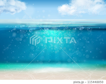 Realistic underwater background. Lake or sea bottom beneath water, ocean waterline sky horizon dark depth under wave marine undersea Realistic underwater background. Lake or sea bottom beneath water, ocean waterline sky horizon dark depth under wave marine undersea 115448850