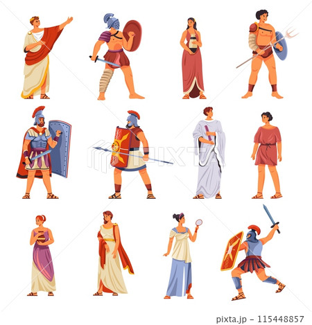 Ancient rome characters. Historic roman greek people greece civilization, gladiator auxiliary soldier caesar emperor hierarchy aristocrat class in toga, recent vector illustration 115448857