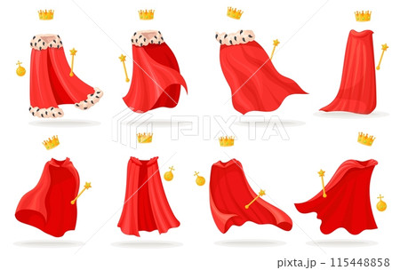 Royal cloaks. Invisible king mantle red cape, monarchy coronation attributes scepter crown orb queen princess robe medieval clothes dress garment, cartoon neat vector illustration Royal cloaks. Invisible king mantle red cape, monarchy coronation attributes scepter crown orb queen princess robe medieval clothes dress garment, cartoon neat vector illustration 115448858