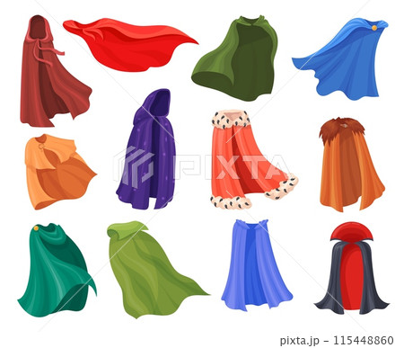 Cartoon magic cloaks. Medieval mantles with hood, carnival costumes clothes comic hero cape king mantle wizard vampire dracula cloak Cartoon magic cloaks. Medieval mantles with hood, carnival costumes clothes comic hero cape king mantle wizard vampire dracula cloak 115448860