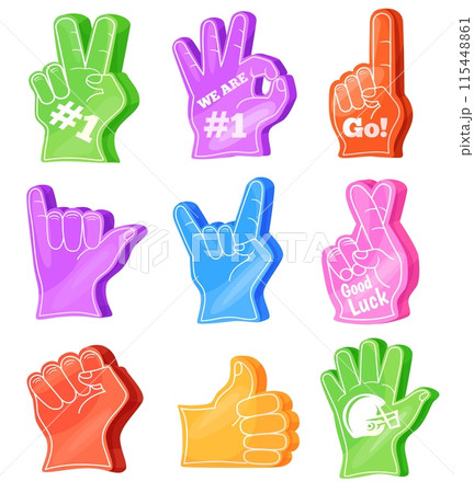 Fan foam fingers. Fans gloved hands first two finger gestures, number one thumbs-up 1 ok go sign team spirit football baseball sport match stadium support, neat vector illustration 115448861