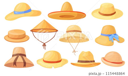 Cartoon straw hats. Asian rice farmer or garden worker hat, summer beach accessories woman retro headgear traditional country agriculture 115448864
