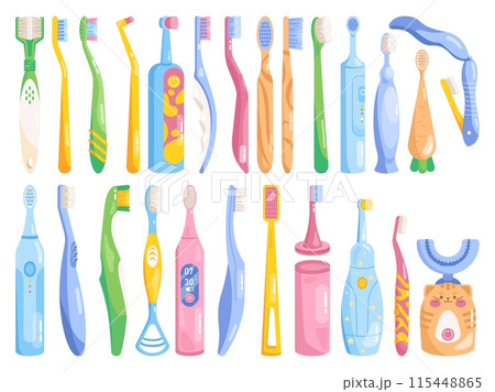 Toothbrushes cleaning tools. Different toothbrush isolated flat colorful icons, bamboo or electrical teeth brush for toothpaste tooth manual 115448865