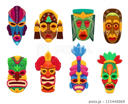 Tribal ritual masks. Ethnic traditional totem mask faces, african maya aztec mexican tribe religion spiritual idol face indigenous afro carnival art, ingenious vector illustration 115448869