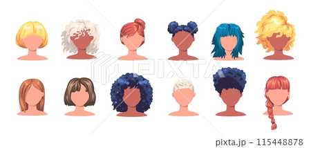 Female haircut wigs. Different hairstyles model set, blond brunette stylish wavy hair braid ponytail, fashion haircuts women little girl hairs collection Female haircut wigs. Different hairstyles model set, blond brunette stylish wavy hair braid ponytail, fashion haircuts women little girl hairs collection 115448878