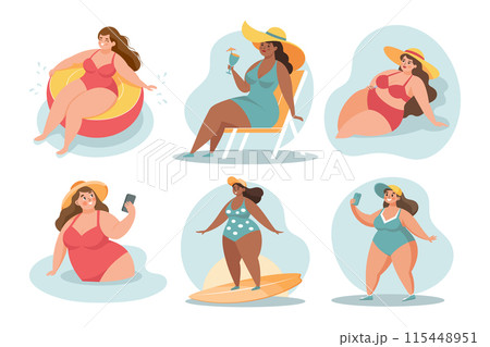Summer holidays time, people set. Happy women in swimsuits. Beach holiday, sun and relaxation. 115448951