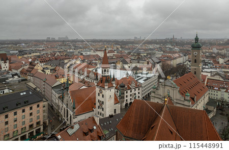 Aerial view of Old Town Hall (Altes Rathaus) with St. Peter's Church and surrounding buildings. Aerial view of Old Town Hall (Altes Rathaus) with St. Peter's Church and surrounding buildings. 115448991