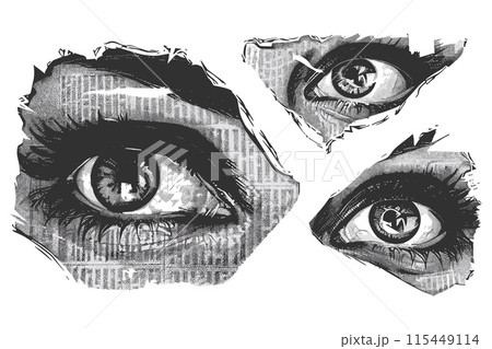 Eyes newspaper clippings. Woman eye retro collage newspapers clipping or vintage magazine wrappin grunge paper texture imitation set vector illustration 115449114