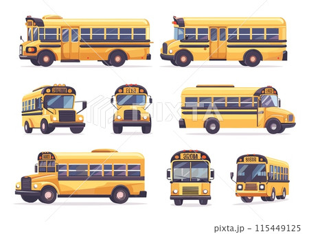 Cartoon school buses. Yellow bus for children students transportation, classic american education vehicle auto truck front side view set vector illustration 115449125